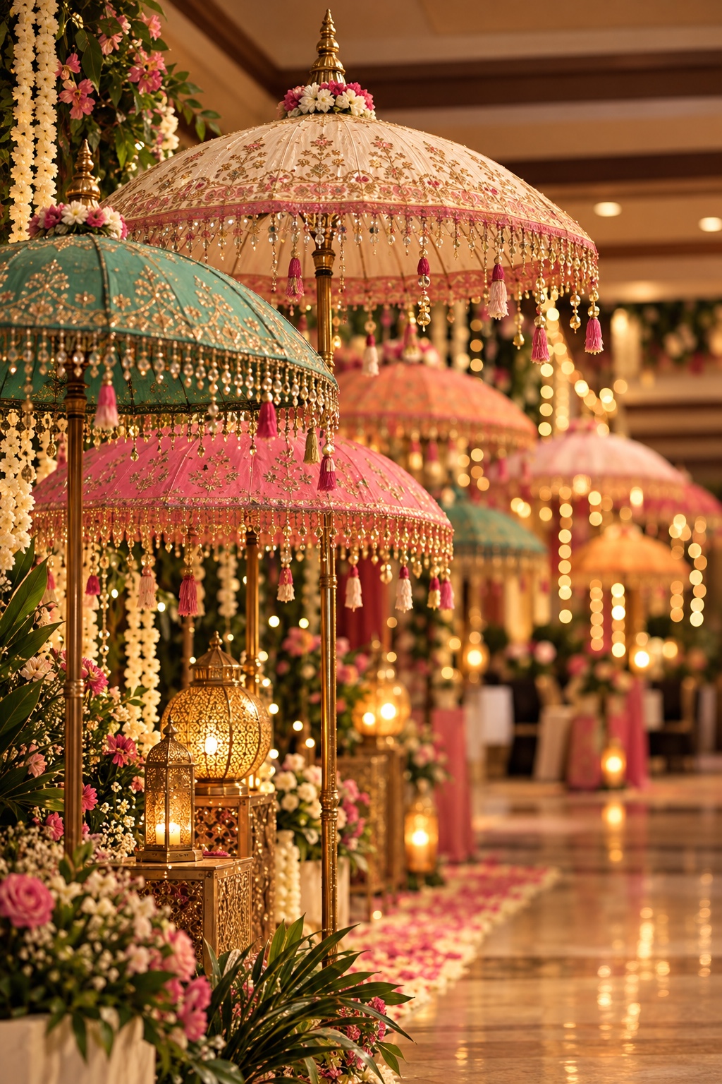 Traditional mehendi umbrellas and floral décor